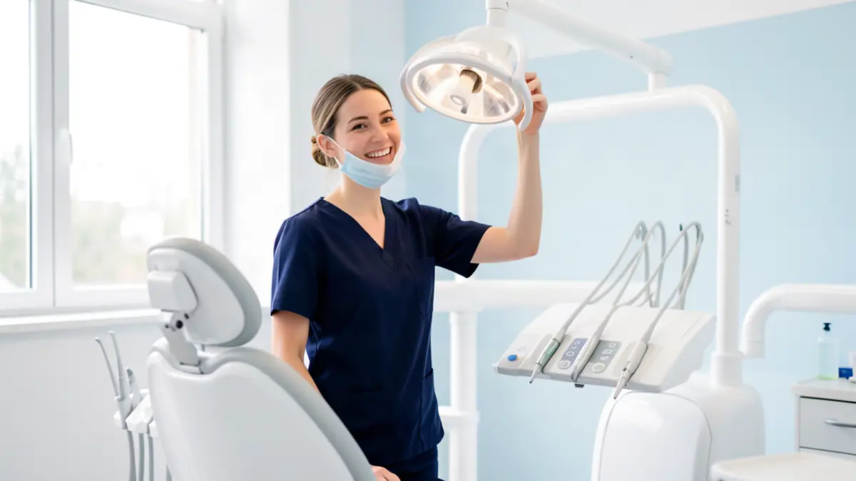 Dental hygienist in blue scrubs and mask smiling in a dental treatment room
