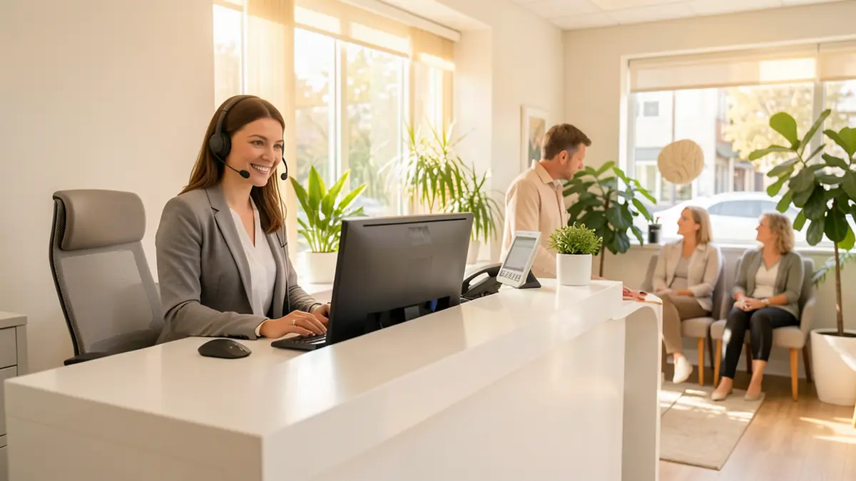 Receptionist at the front desk of a bright dental office waiting area
