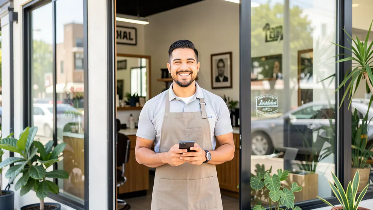 Smiling barbershop owner holding a smartphone in the doorway of his shop