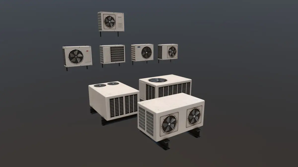 Row of outdoor air conditioning condenser units