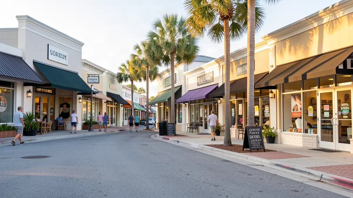 Sunny main street lined with local shops, awnings and palm trees