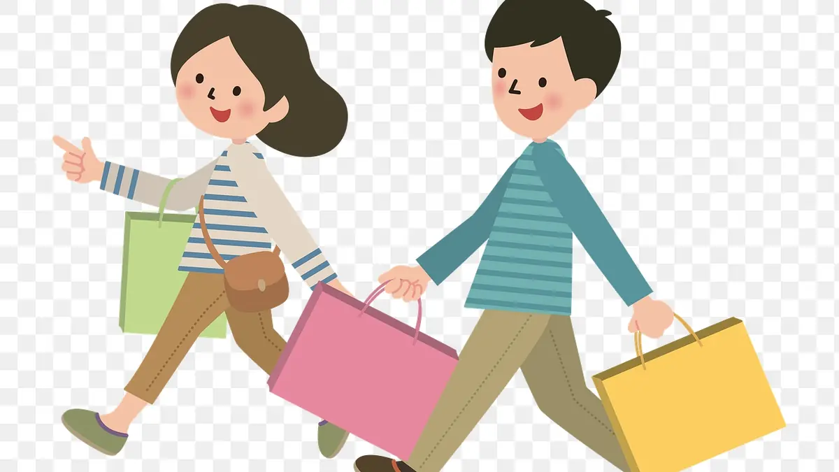 Illustration of happy shoppers carrying shopping bags