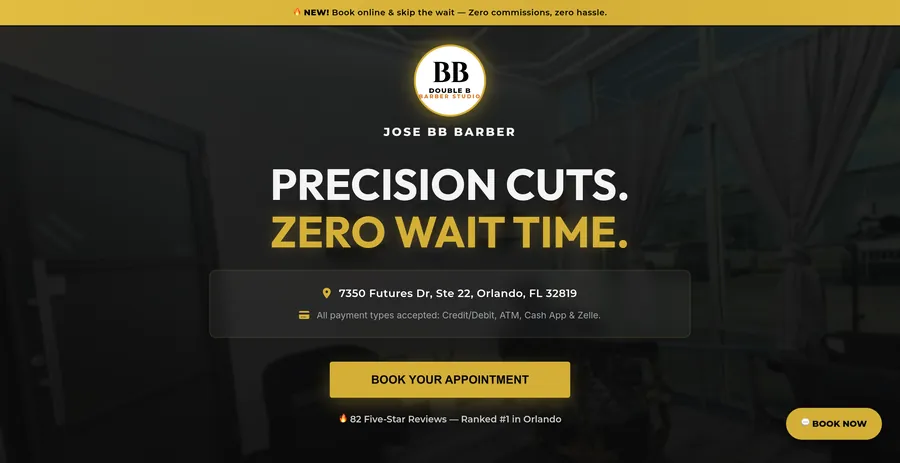 Double B Barber Studio website homepage — dark premium barbershop design with online booking
