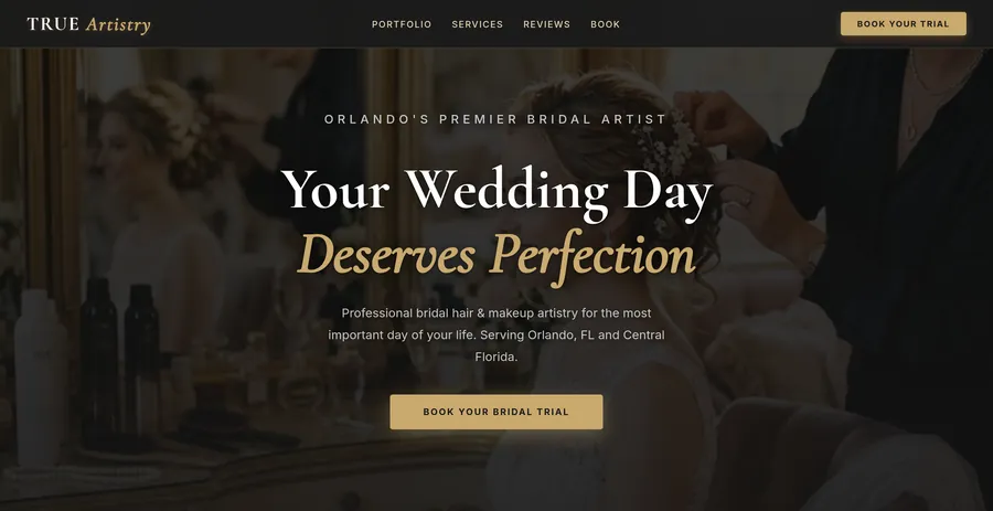 Glamour Bridal and Salon website homepage — elegant bridal beauty design with trial booking